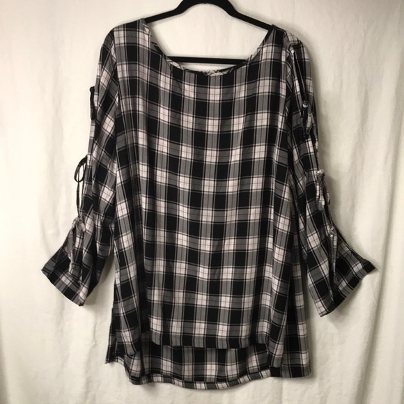 LOFT Women’s Tunic Split Sleeves with Ties Boat Neck Black White Plaid XXL - Picture 1 of 12
